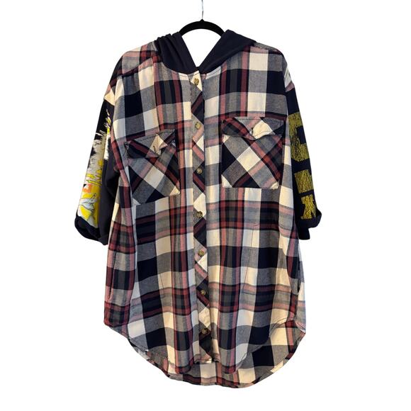 Free People Tops - Free People Maddox Patched Plaid Tunic Womens Oversized Varsity Shirt W/ Hood M